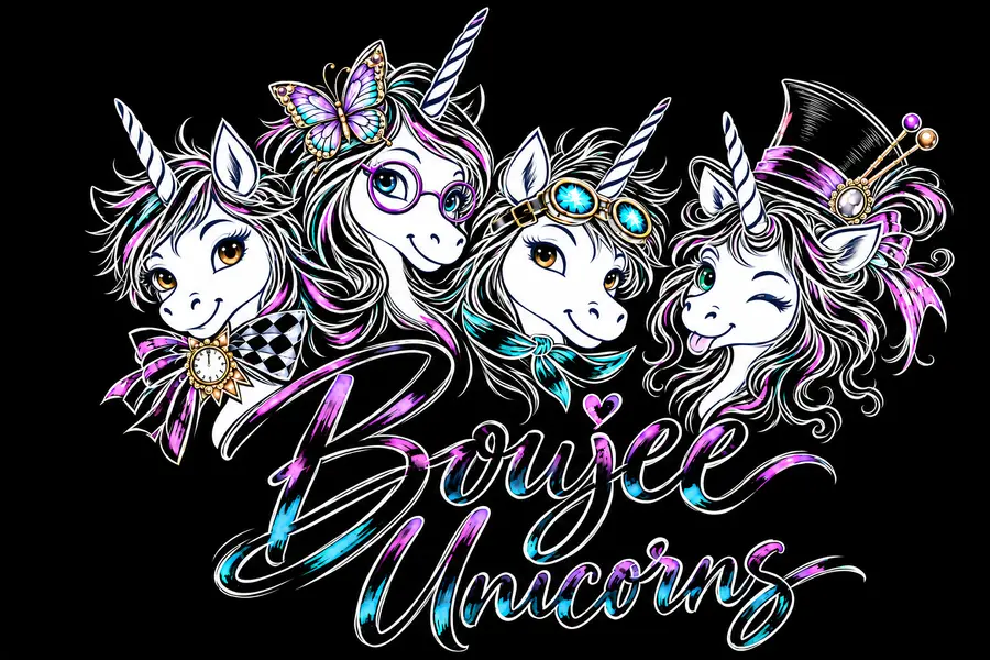 Boujee Unicorns — white-filled unicorn sketches with lightly colored lettering; Protector wears glasses and a butterfly